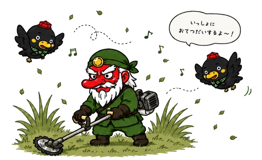 刈払機で草を刈る天狗